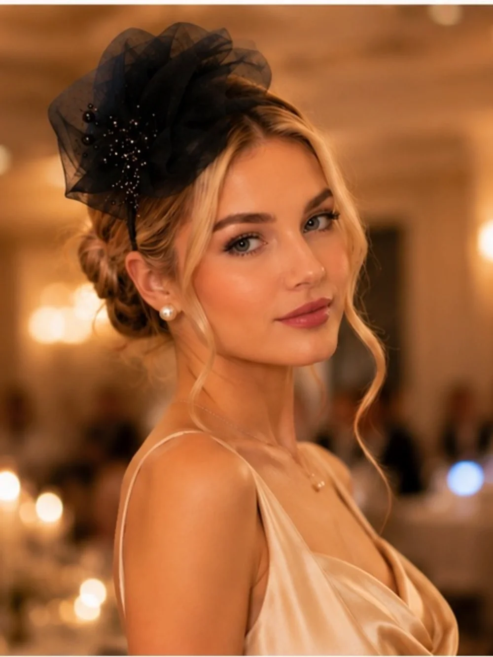 Elegant Black Floral Mesh Headband with Bead Accent